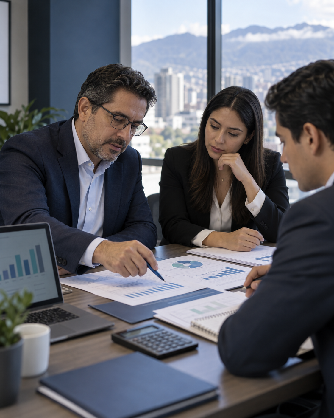 Auditor financiero revisando estados financieros con un equipo empresarial