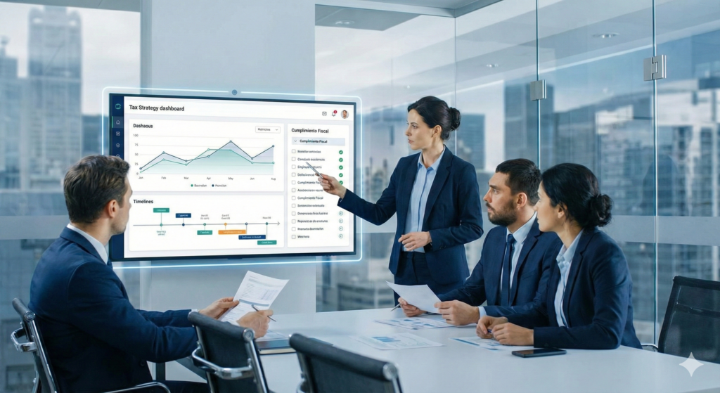 quipo de asesores analizando un panel de control de estrategia y cumplimiento fiscal en una reunión ejecutiva